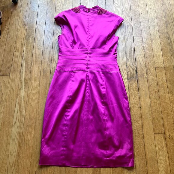 Kay Unger Size 8 Pink Satin Cap Sleeve Pleated Cocktail Sheath Dress - Picture 14 of 16